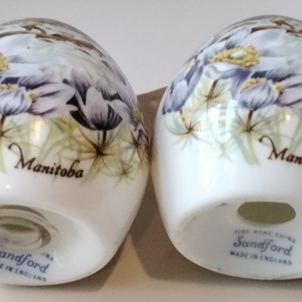 Manitoba Salt & Pepper Shaker Set Souvenirs - Egg Shaped Fine Bone China by Sandford, England - KB