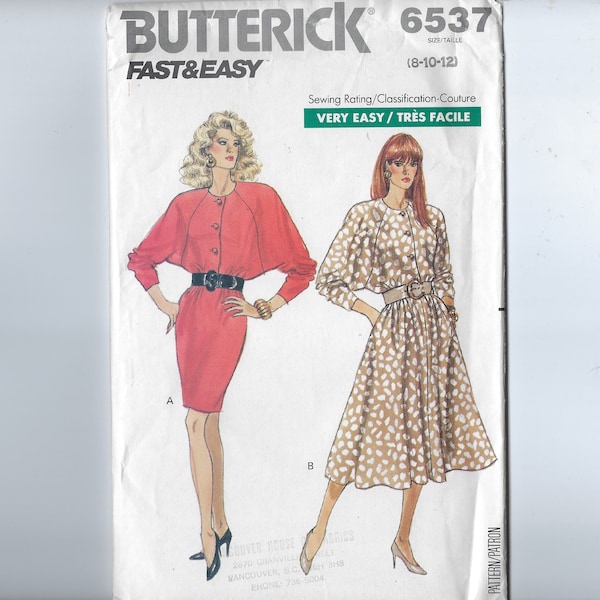 UNCUT 1988 Butterick Fast & Easy Pattern #6537 Sizes 8-10-12 Misses Dress in 2 Lengths - Factory Folded