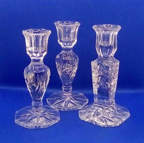 Pinwheel Crystal Candlesticks Set of 3 Bohemian Glass Candle Etsy