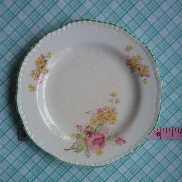 Woods Ivory Ware Vintage Tea Plate - Pretty Pink & Yellow Floral Design with Scalloped Edge - 1930s Farmhouse Kitchen Ironstone Dishes