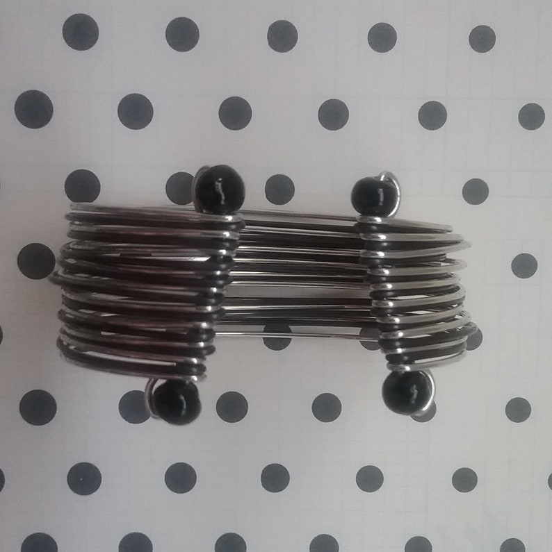 19 Rings of Silver /& Black Metal with Black Beads Vintage Wide Wrist Bangle Gypsy or Hippy Style Costume Jewelry Boho Cuff Bracelet