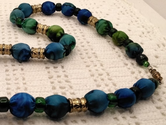 Fabric Covered Bead Necklace in Blues 
