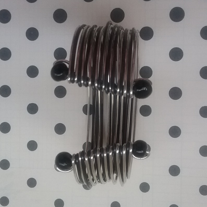 19 Rings of Silver /& Black Metal with Black Beads Vintage Wide Wrist Bangle Gypsy or Hippy Style Costume Jewelry Boho Cuff Bracelet