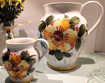 Italian Art Pottery Pitchers Set of 2 Matching One Large One Small - Hand Painted Floral Designs - Pre Owned Very Good Condition - K58