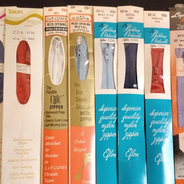 Vintage Zippers Mixed Lot of 8 Never Used Still In Packages - Variety of Makes, Colors and Lengths