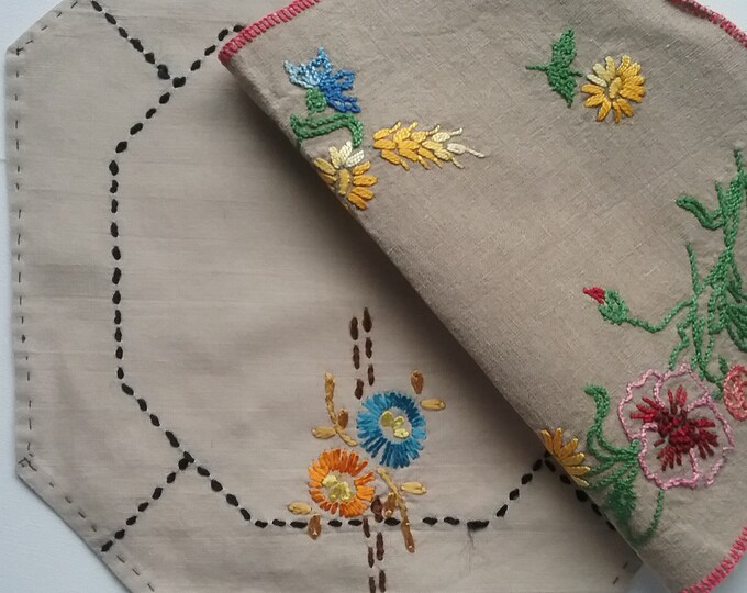 Vintage Linen Table Toppers Hand Embroidered Dresser Scarves Etsy