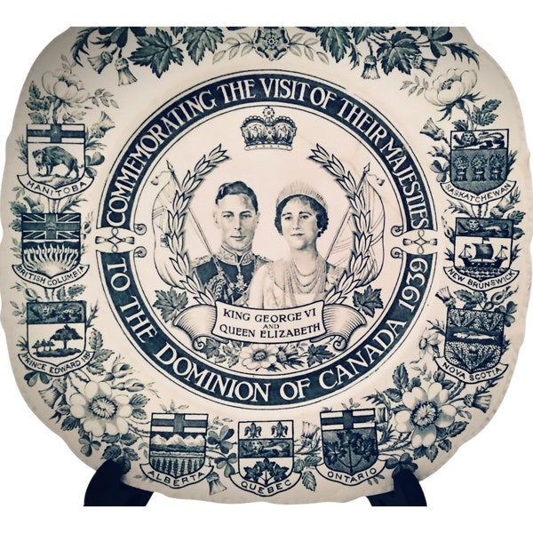 British Royalty King George VI & Queen Elizabeth Plate Commemorating Royal Visit to the Dominion of Canada 1939 - Royal Ivory Transferware