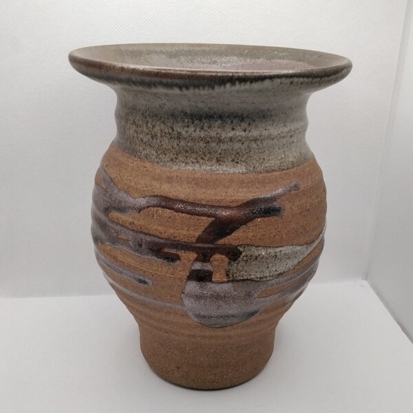 Stoneware Art Pottery Vase - Karen Karnes Style Salt Fired Pottery with Dark Brown Glaze Design