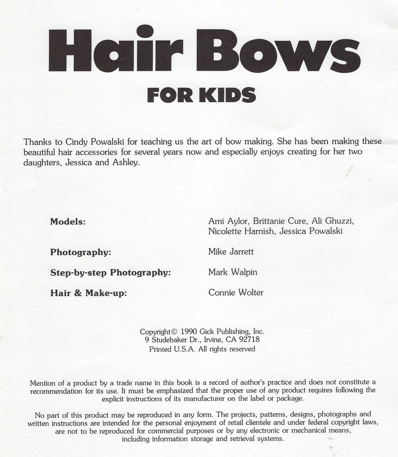 Hair Bows for Kids Instruction Book for Making Hair Accessories for Girls Vintage 1990