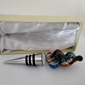 Millefiore Wine Bottle Stopper Made of Colorful Swirled Glass and Stainless Steel - in Original Box - Pre Owned