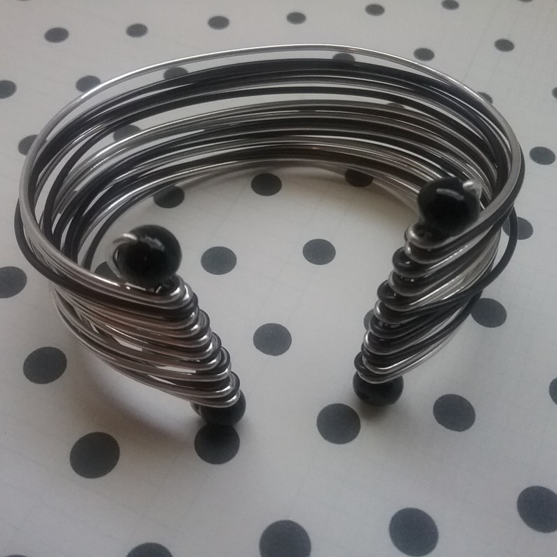 19 Rings of Silver /& Black Metal with Black Beads Vintage Wide Wrist Bangle Gypsy or Hippy Style Costume Jewelry Boho Cuff Bracelet