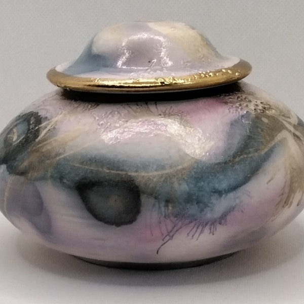 Porcelain Art Bowl Pot Pourri or Incense Burner, Abstract Splatter Paint in Pastels with Gold Trim, Made in British Columbia Canada