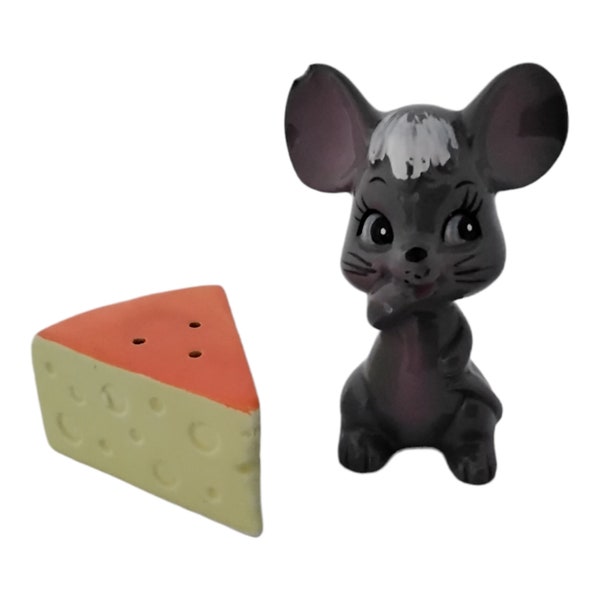 Anthropomorphic Mouse with Cheese Salt and Pepper Shakers - Mid Century - Chip on Mouse's Ear & Missing Plugs