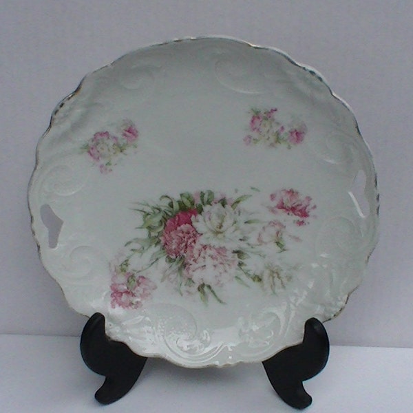 Vintage Cake Plate with Pink Floral Design from the 1950s Mid Century - Embossed White Porcelain Made in Germany with Cut Out Hearts
