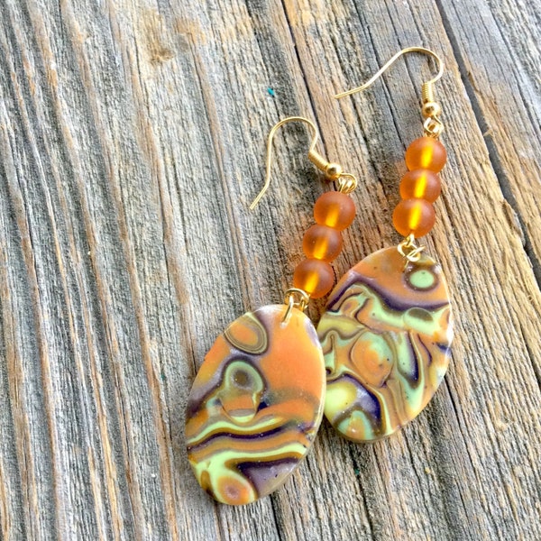 Handmade Polymer Clay Earrings, Faux Bumblebee Jasper, Mokume Gane, Orange, Yellow, Boho, Glass Beads, Dangle Drop Earrings, Nickel Free