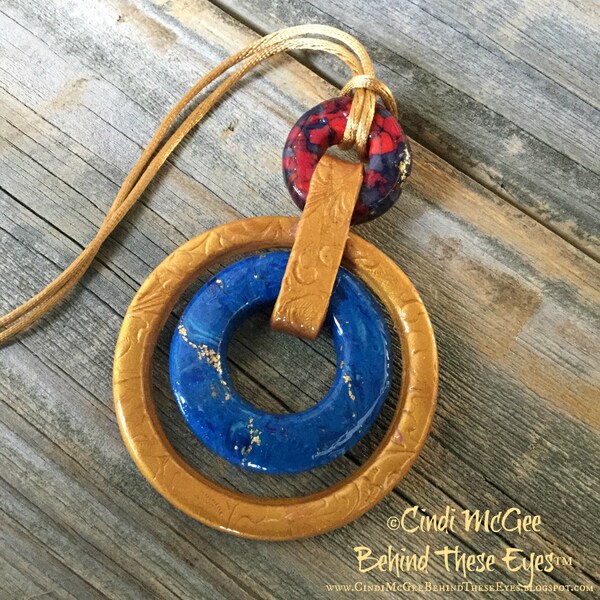 Egyptian Influenced, Polymer Clay Pendant, Faux Lapis Lazuli, Faux Red Turquoise, Gold, Handmade, Unique Design