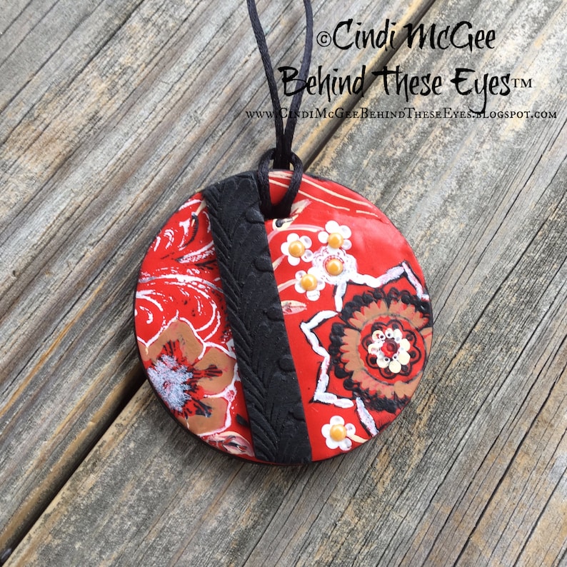 Red Unique Design Hand-Made Multi-Colored Bohemiam Polymer Clay Flowers Necklace Pendant Black Floral