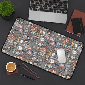 May include: A grey mouse mat with a repeating pattern of cartoon illustrations of vets, pets, and veterinary supplies. The pattern includes cats, dogs, bones, heart shapes, and a pet clinic building. The mouse mat has a cut-out for a mouse.