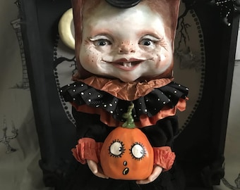 Adorable  Witch, Little Book,  Tales of Halloween, Collectible, Hand Sculpted, Pumpkins, Cutest Witch, One of a Kind Doll