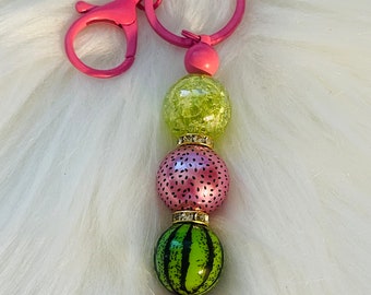 Watermelon Beaded Keychain, Pink Metal Accent