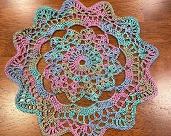 Variegated Monet doily, small 9” doily, Spring doily, Easter doily.