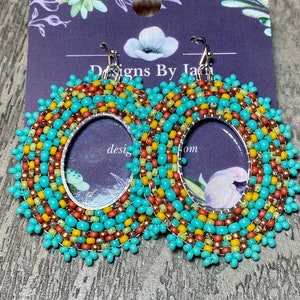 Southwest Turquoise, Adobe, mustard yellow and Sage green seed beaded hoop earrings. Findings are lead and nickel free hypoallergenic.