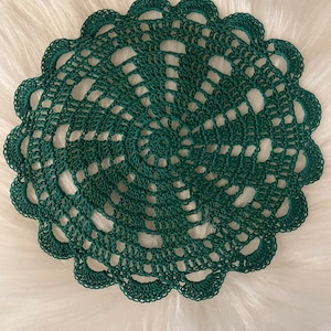 Hand Crocheted Green Doily, Forest Hunter Green, 8"
