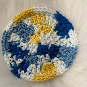 Crocheted Round Coaster, Variegated  Blue, Yellow and White Coaster Set, Cotton Crocheted Coaster Set, Country Coaster Set