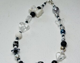 Black and White phone charm, Glass beaded phone charm, Black phone charm, Black heart phone charm, Phone Strap.