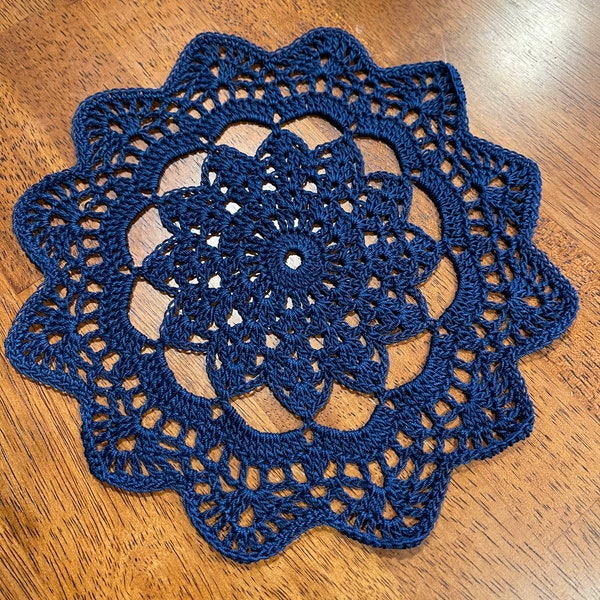 Navy Blue , 9” hand crocheted doily.