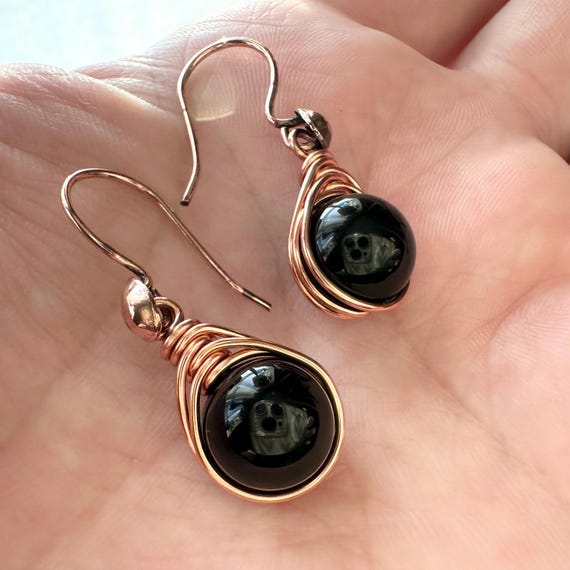 Black Onyx and Copper Teardrop Earrings