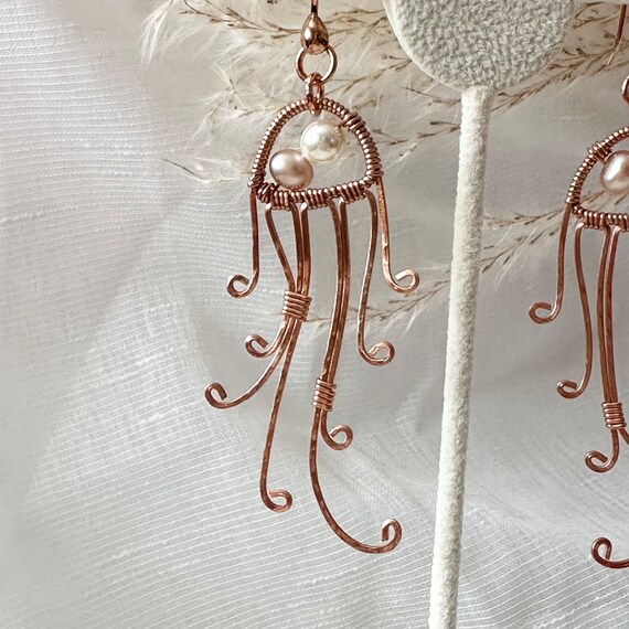 Hammered Copper Jellyfish Earrings with Freshwater Pearls
