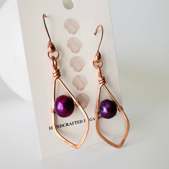 Plum Freshwater Pearl and Hammered Copper Earrings