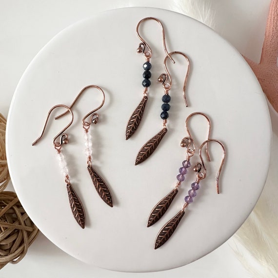 Copper Leaf Gemstone Earrings