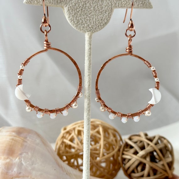 Hammered Copper Hoop Earrings with Mother of Pearl Moons and Opalite