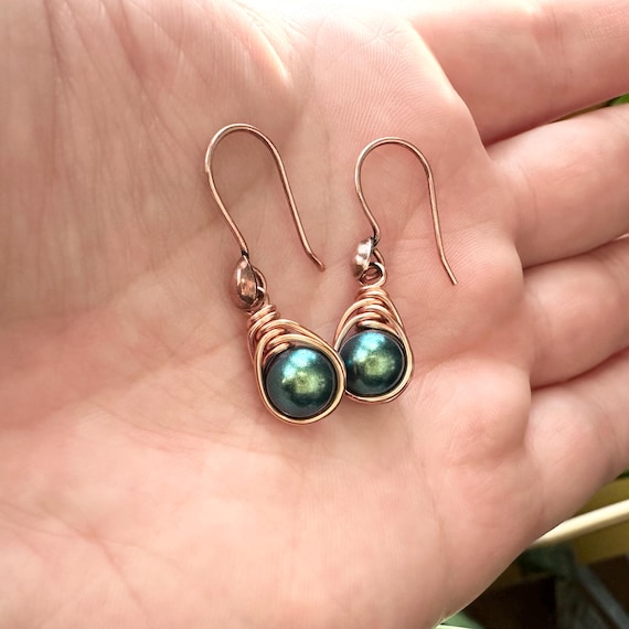 Peacock Pearl and Copper Teardrop Earrings