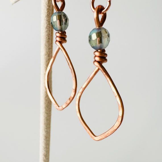 Hammered Copper Leaf Earrings with Faceted Peacock Glass