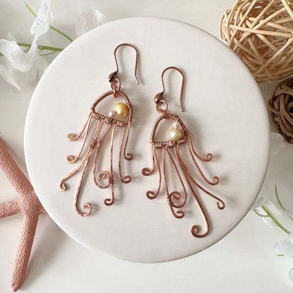 Hammered Copper Jellyfish Earrings with Freshwater Pearls