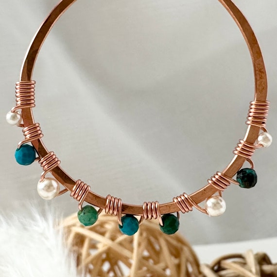 Turquoise and Pearl Hammered Copper Hoop Earrings