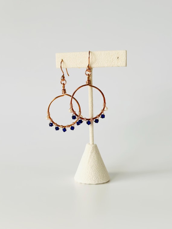 Austrian Crystal and Pearl Hammered Copper Hoop Earrings