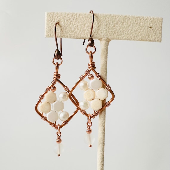 Czech Glass Honeycomb Hammered Copper Earrings