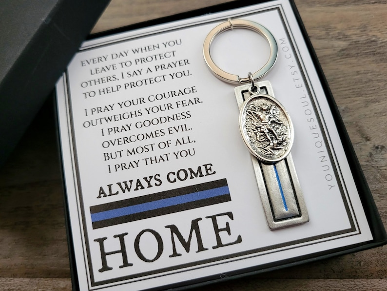 St. Michael Guardian Angel Keychain, Police Officer Gift, Protector of Protectors, Military Protection, Police Officer Prayer No Custom Tag