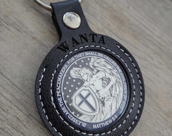 Personalized Police Challenge Coin Keychain | Custom Leather Badge Number Keychain | Law Enforcement Prayer Coin | Squad Bag Saint Michael