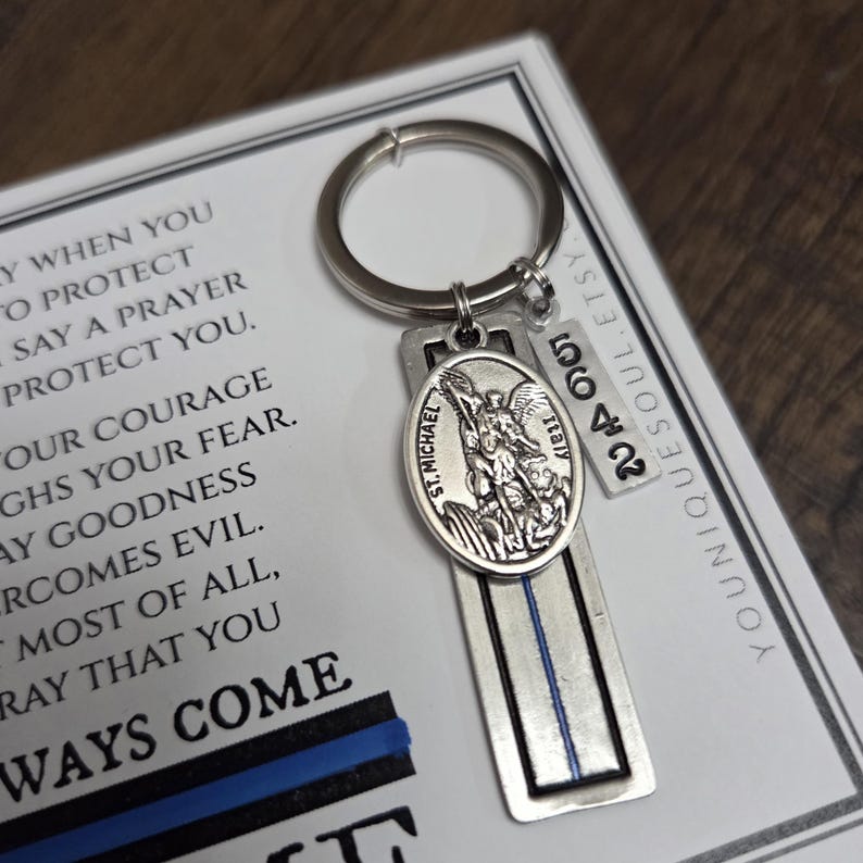 St. Michael Guardian Angel Keychain, Police Officer Gift, Protector of Protectors, Military Protection, Police Officer Prayer image 2