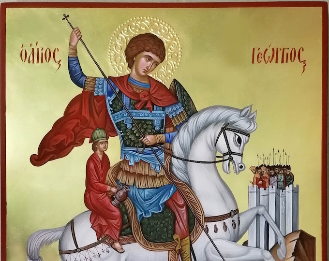 Saint George slaying the dragon, hand painted icon, orthodox gift, religious gift, iconography