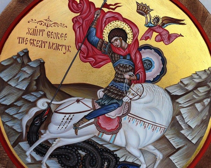 Saint George the Great Martyr, Icon, Byzantine icon, St. George slaying the dragon iconography,hand-painted icon, ring wood panel