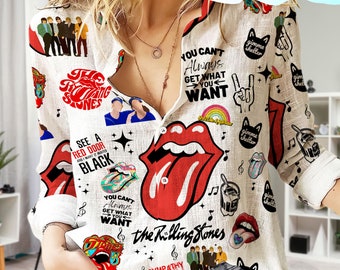 Chemise décontractée vintage pour femme The Rolling Stones, chemisier The Rolling Stones, chemise femme Rolling Stones, chemisiers pour femmes, chemisier décontracté pour femme