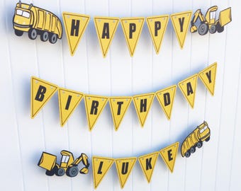 Pancarta de cumpleaños personalizada de construcción: camión de basura, retroexcavadora.