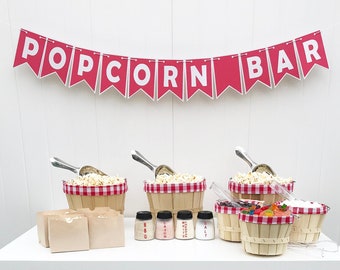 Barra de palomitas de maíz a cuadros rojos, cucharones grabados, exhibidor de comida para fiestas "hágalo usted mismo"