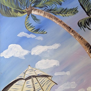 Umbrella Under Palm Tree, Hand Painted, Acrylic on Canvas, 16x20